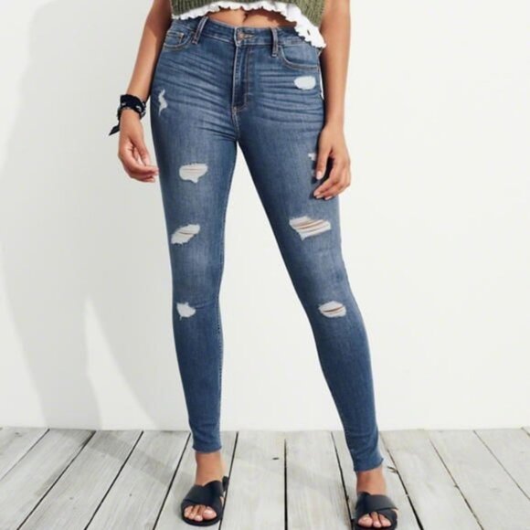 Hollister High-Rise Super Skinny Distressed Medium Wash Denim Jeans Size 27/28 - Picture 1 of 11